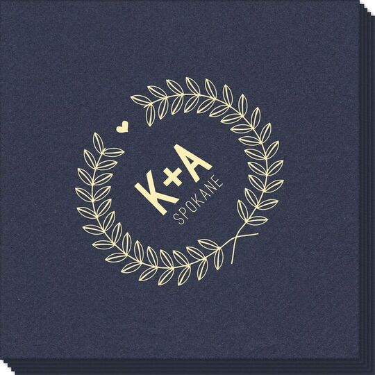 Laurel Wreath with Heart and Initials Linen Like Napkins